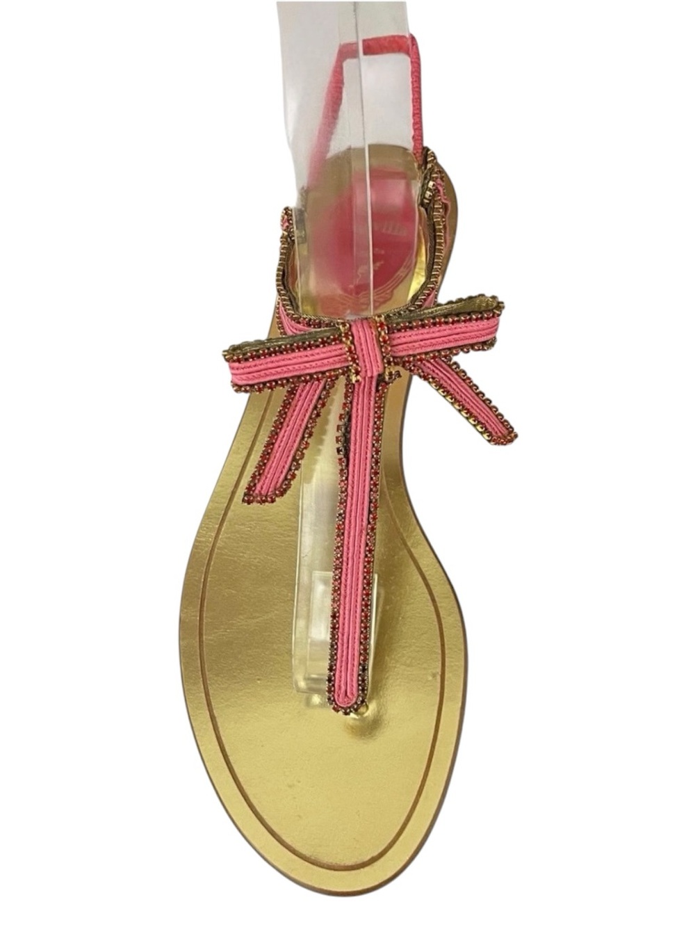 René Caovilla Gold & Pink Bow T-Strap Flat Sandals Size 37.5